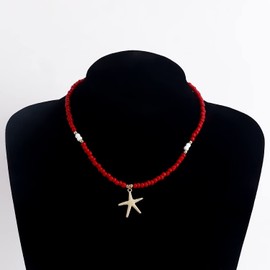 Azusa Sun Boho Beaded Choker Necklace Starfish Cute Summer Pendant Necklace Colorful Beaded Beach Necklace Fashion Jewelry Gift For Women Girls （Red）,(DDF016)
