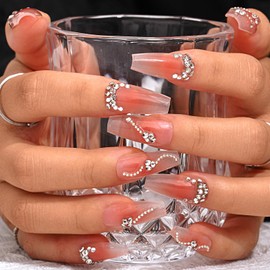Sethexy Long Coffin Pink False Nails Handmade Rhinestone Blushing Gradient False Nails 3D Crystal Chain Nails Press On Acrylic Nail Art Salon Quality for Women and Girls