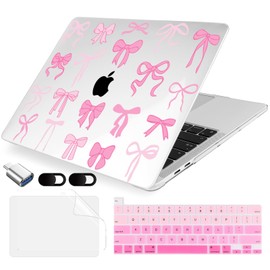 MecBevia Compatible with MacBook Pro 13 inch Case 2022 2021 2020 Release M2 M1 A2338 A2251 A2289, Plastic Hard Shell&Keyboard Cover&Screen Protector&Webcam Cover&Type-C Adapter, Pink Bows