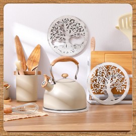 Beeveer 3 Pcs Life Tree Wooden Trivets Round Plates Hot Dishes Trivet Heat Resistant Hot Pan Holder Winter 8 Inch(White)