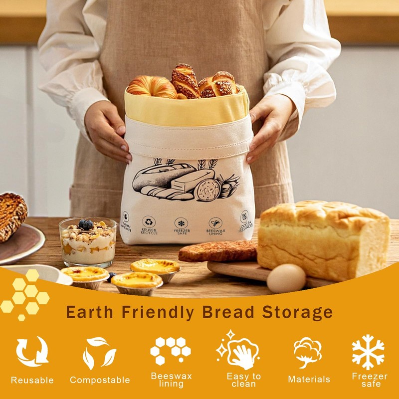 2-Pack Reusable Beeswax Bread Bags for Sourdough & Homemade Bread，Cotton