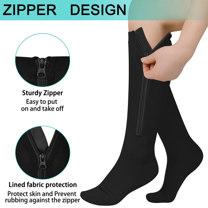 Athbavib 3 Pairs Zipper Compression Socks, 15-20 mmHg Closed Toe