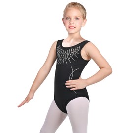 Sunny Fashion Girls' One Piece Geometry Gymnastics Jersey Rhinestone Show Sleeveless Size 98-134, black