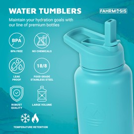 FAHRMOSIS 40 Oz Water Bottle with Straw & Holder Strap | Insulated Water Bottle Water Jug Includes 3 Lids Water Bottles | Stainless Steel Water Bottle for Men & Women - Teal