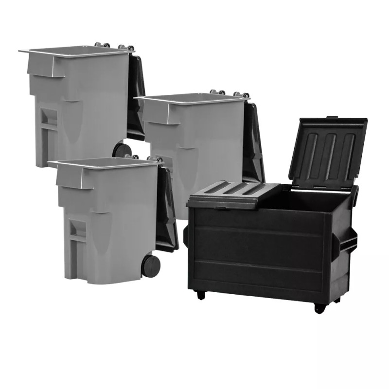 Figures Toy Company Black Dumpster & 3 Gray Trash Cans