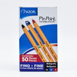 AZOR - Boligrafo De Punto Fino, 50 Piezas, Plumas, Punto Fino, .7 mm, Colores, 30 (Negro) 15 (Azul) 5 (Rojo), PinPoint 301.6825CS.