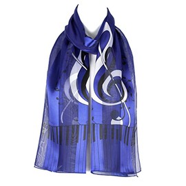 Hat To Socks Musical Notes Piano Keyboard Print Chiffon Satin Scarf (Blue)