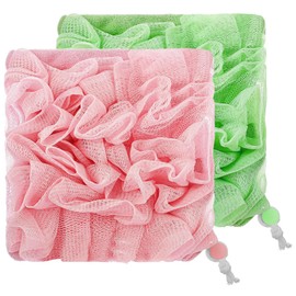 Mabor 2 Pack Washable Loofah Pouch for Soap - Exfoliating Bath Sponge & Soft Washcloth Combo, Gentle Skin Cleansing with Drawstring, Light Green & Pink (6.3x6.3in)