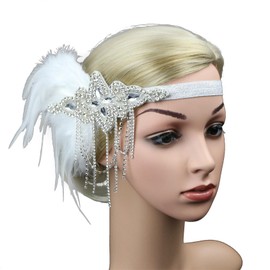 Flapper Headband Roaring 20s Headpieces Tea Party for Women Flapper Accessory Great Gatsby 1920s Women Head Bands with Feathers C07-White