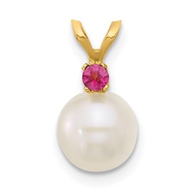 Solid 14k Yellow Gold 6-7mm White Round Freshwater Cultured Pearl Pink Topaz Pendant Charms