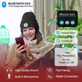 Rechargeable Bluetooth Music Unisex Beanie Hat with Light, Christmas Day Gifts for Men, Stocking Stuffers for Men, Adults, Teens, Dad, Father, Husband, Cool Gadget Gifts for Women, Winter, Black