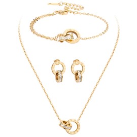 AILPIWE Dainty Necklace Bracelet Earrings Set for Women 14K Gold Plated Diamond Interlocking Circle Jewelry Set for Sister Mom Gift