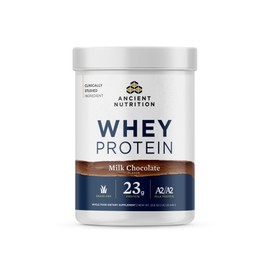 Ancient Nutrition Grass Fed Whey Protein, Milk Chocolate, 23g Protein, 20 Servings, Hydrolyzed Collagen Peptides, Organic Regenerative A2/A2 Milk Protein