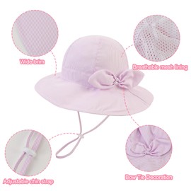 JUPSK Kids Sun Hat Toddler Summer Bucket Hat Wide Brim Beach Hat with Chin Strap UPF50 Bow Cap for Baby Child Girls 2-4 Years (Purple)