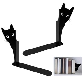Metal Cat Bookends, 1 Pair Cute Cat Bookends for Shelves Decorative for Home Office Desk Bookshelf Decor (Black,Full-face)