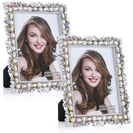 Yookeer 2 Pack 5 x 7 Inch Pearl Crystal Picture Frame Resin Wedding Photo Frame Jewel Picture with Rhinestones Photo Gift for Wedding Table Top Desktop Display