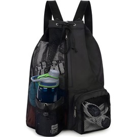 Fishlead Mochila de Malla con Cordón para Natación, Bolsa de Deporte de Montañismo, con Compartimento Húmedo y Seco, para Playa, Natación Deportes Gimnasio Equipamiento de Natación (Negro)