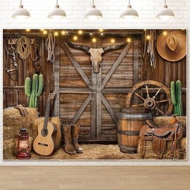 Cowboy Party Decorations Backdrop, Wild West Party Decorations, Cowboy Themed Decorations Banner, 180x110cm Wild West Wooden House Barn Banner Background for Kids Birthday