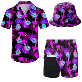 Wdpsuxin Mens 2 Piece Tracksuit Hawaiian Button Down Shirt and Compression Liner Shorts Sets with Bucket Hats, Trippy Magic Mushroom Purple, 3X-Large