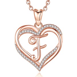 INFUSEU Initial Necklace F Pendant, Rose Gold Double Heart Alphabet Cubic Zirconia CZ Rose Gold Letter Jewelry Romantic Gifts For Women Ladies Girlfriend, 20 Inch Chain