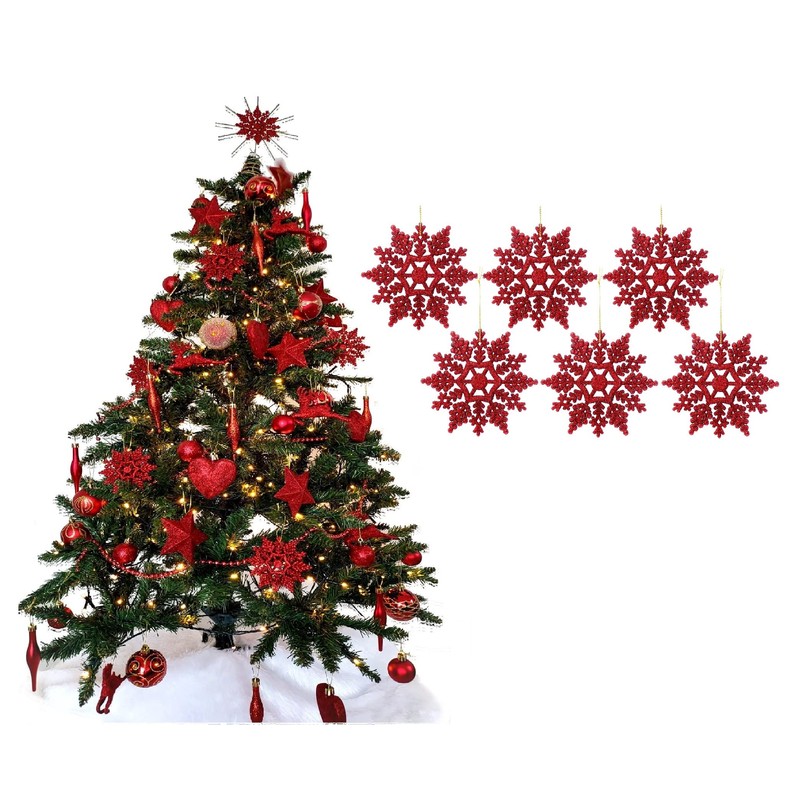 12pk Glitter Snowflake Hanging Decorations, Christmas Tree Snowflake Baubles/Ornaments (Red)