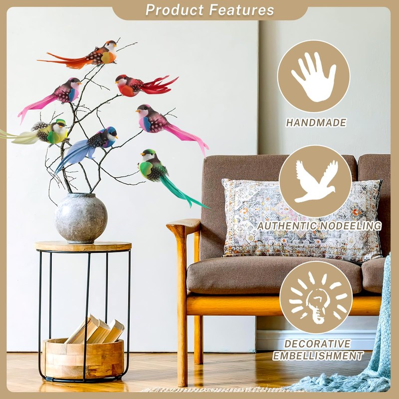 Dwafill 12 Pcs Multicolor Artificial Feather Garden Birds Clip Birds