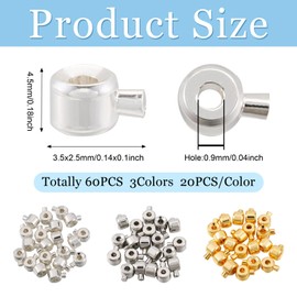 60Pcs Brass Crimp Beads Kit for Jewelry Making Metal Stopper Crimp Charms Cord End Caps Jewelry Column Stopper Beads for Women Necklace Bracelet Jewelry Making Silver & Golden