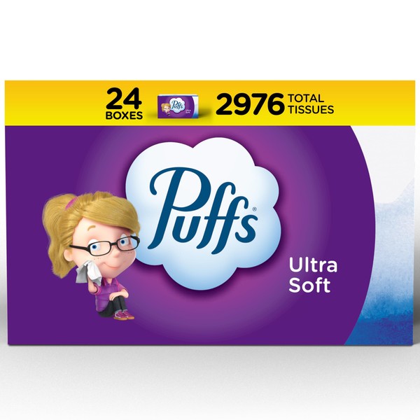 Puffs Ultra Soft Facial Tissues, 24 Family Boxes, 124 Tissues