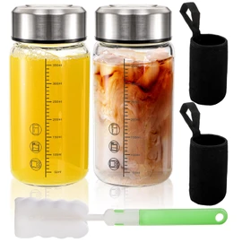 2 Pack Glass Bottles with Lids, 12 Oz Wide Mouth Shaker Bottle with Sleeve, Leakproof Glass Mixing Sports Drinking Bottles for Protein Mixs, Juice, Vitamin