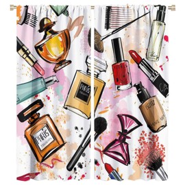 Fashion Blackout Curtains, Cosmetic and Makeup Theme Pattern Perfume Lipstick Nail Polish Brush Room Darkening Rod Pocket Windows Door Curtain for Bedroom Living Room Home Decor 42x45in