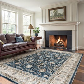 jinchan Vintage Runner Rug 8x10 Living Room Washable Floral Oriental Accent Distressed Indoor Non Slip Soft Low Pile Rug Retro Carpet for Dining Room Bedroom Home Office Decor Blue