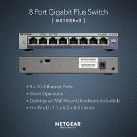 NETGEAR 8 Port Gigabit Ethernet Managed Network Switch (GS108E) - Ethernet Splitter - Ethernet Hub - Plug-and-Play - Silent Operation - Desktop or Wall Mount
