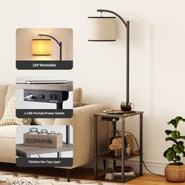 SUNMORY Floor Lamp with Table, Lamps for Living Room with Charging Station(USB & AC Port), Rustic End Table Lamp with Shelves & 3-Color Temperature LED Bulb, Lamp Table for Living Room, Rubber Wood