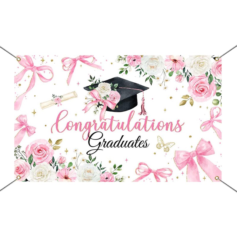 Mocsicka Pink Bow Graduate Backdrop Banner Coquette Graduation Decorations Coquette