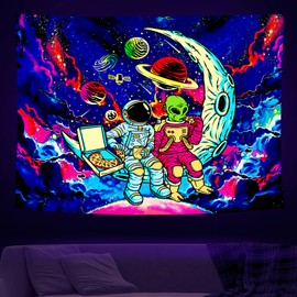 Psyhilar Astronaut Black Light Tapestry for Men, Blacklight Alien Poster for Teens Boys, Funny Neon Galaxy Wall Tapestry (79 x 59 Inches)