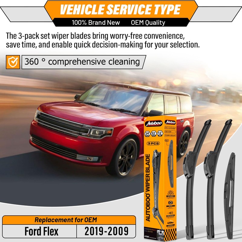 AUTOBOO 24"+22" Windshield Wipers with 12" Rear Wiper Blade Replacement