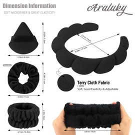 Araluky Araluky 7Pc Headband and Wristband Set for Skincare, Face Washing, Makeup Removal - Includes Terry Cloth Headbands, Facial Sponges, and Powder Puffs in Black