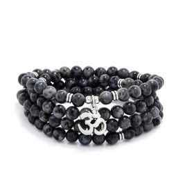 108 Mantra Mala Beads Yoga Bracelet Japa Mala Necklace with Om Symbol Charm (Labradorite)
