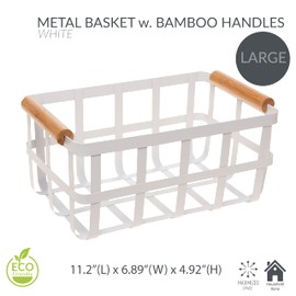 Simplify 4 Pack Rectangular Metal Storage Basket with Bamboo Handles | Large | Farmhouse Style Wire Basket | Home Organizer | Decorative | Rustic | White (KIT-10038-WHITE-4PK)