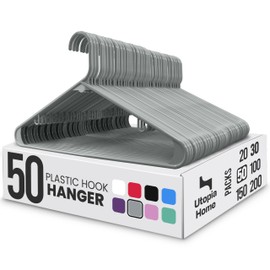 Utopia Home Plastic Hangers 50 Pack – Built-in Strap Hooks Grey