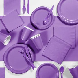 Amethyst Purple Party Decorations, Color Disposable Plates, Napkins, Cups, and Cutlery for 24 People, Box of 245 Pieces