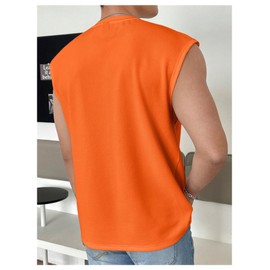 OYOANGLE Men's Cut Off Solid Sleeveless Textured Crew Neck Tank Tops Workout Athletic Casual Muscle Shirts Orange Medium