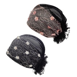 Pemilosci 2 Pack Lace Beanie Hat Mesh Cap Head Hair Scarf Wrap Summer Hat Skull Cap for Beach Hat for Women - Lace004 - Pink & Black