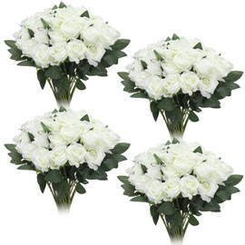 Hoemwarm 36 Pcs Silk White Rose Bouquet Bridal Artificial Flowers,Fake Rose Long Stem Realistic Artificial Flowers Bulk for Wedding Bouquet Ball Arrangement Centerpiece Party Decor