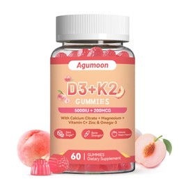 Agumoon Vitamin D3 K2 Gummies for Adults - Vitamin D3 5000IU + K2 (MK-7) 200mcg, with Calcium Citrate, Magnesium Citrate, Omega-3 for Bone, Muscle, Teeth Immune - 60 Gummies