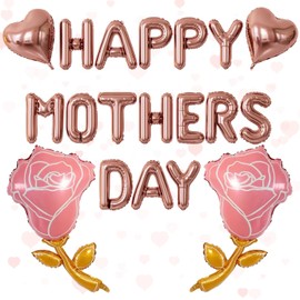 Happy Mothers Day Balloons Banner, Rose Gold Mothers Day Foil Balloons Set with Heart & Rose Balloon, 16 Inch Mother's Day Letter Balloons, Elegant Mother Day Decorations & Gifts for Mom