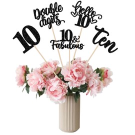 ZHUOWEISM 15 PCS Happy 10th Birthday Centerpiece Sticks Ten Cheers to 10 Birthday Table Flower Centerpieces Sticks Double Digits 10 Fabulous Floral Decor for 10th Birthday Party Centerpieces Black