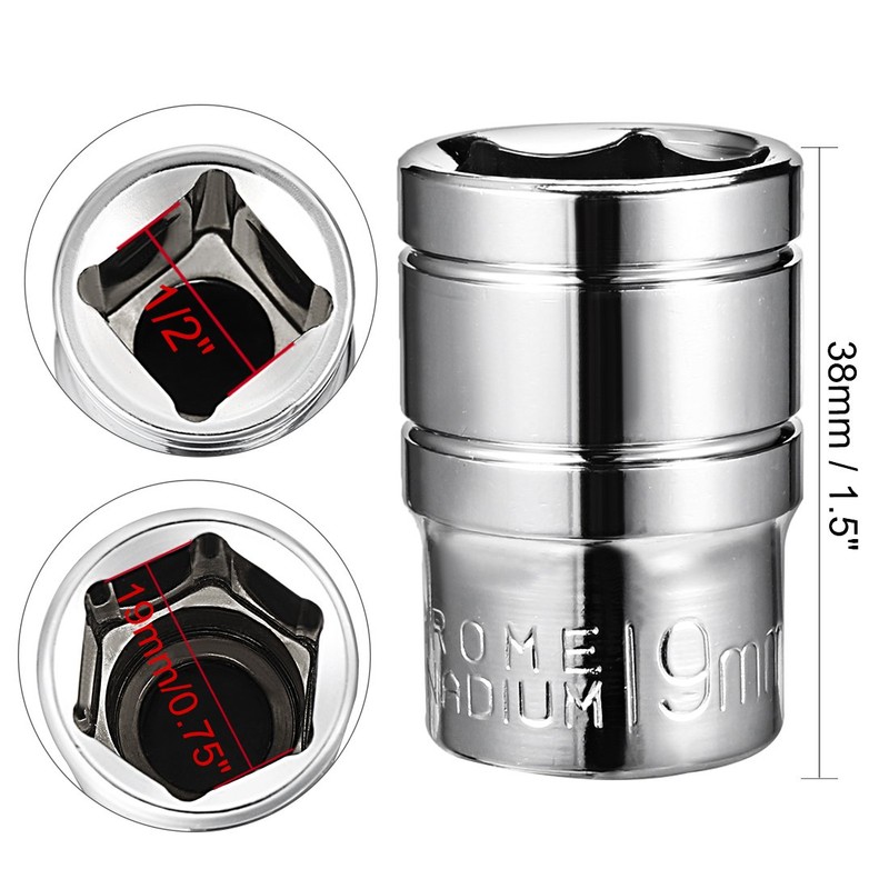 sourcing map 1/2-Inch Drive 19mm 6-Point Shallow Socket, Metric, Cr-V