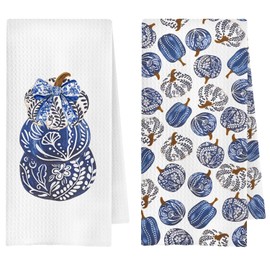 ChenCraty Blue and White Pumpkin Fall Kitchen Towels, Chinoiserie Pumpkin Autumn Dish Tea Towel for Kitchen Decor, Grandmillennial Fall Decorative Hand Towels for Bathroom, 16x24 Inches Set of 2