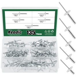 Keadic 135-piece 5 sizes aluminium blind rivets assortment set includes 3/16 inches x 3/8 inches, 1/2 inches, 5/8 inches, 1 inches, flange diameter 16 mm pop round dome open head blind pop rivets